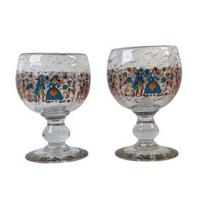 Vintage Hand Blown Art Glass Goblet Pair Folk Art Bavarian German Couple Bubbles